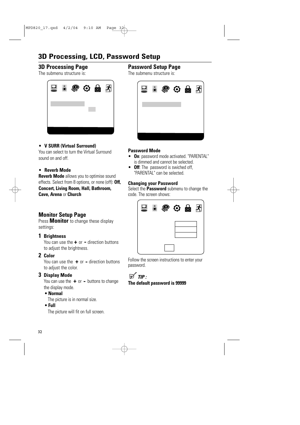 3d processing, lcd, password setup | Philips Magnavox MPD820 User Manual | Page 32 / 42