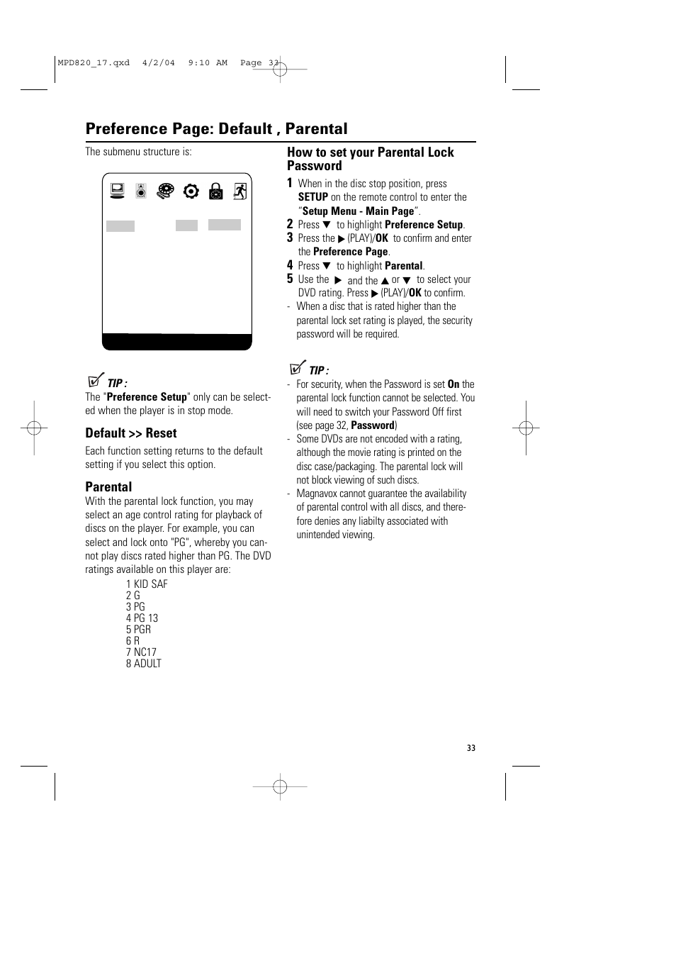 Preference page: default , parental, Default >> reset, Parental | How to set your parental lock password 1 | Philips Magnavox MPD820 User Manual | Page 33 / 42