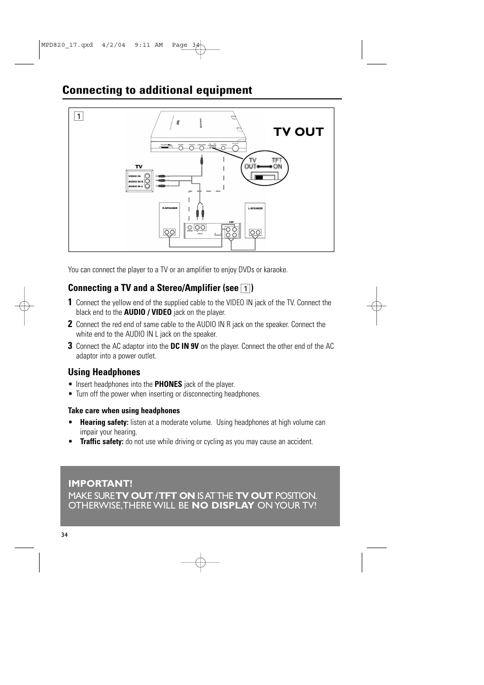 Tv out, Connecting to additional equipment | Philips Magnavox MPD820 User Manual | Page 34 / 42