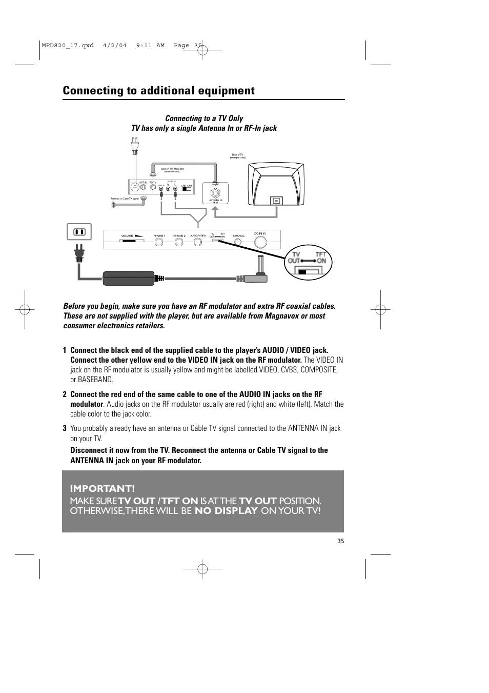 Connecting to additional equipment | Philips Magnavox MPD820 User Manual | Page 35 / 42