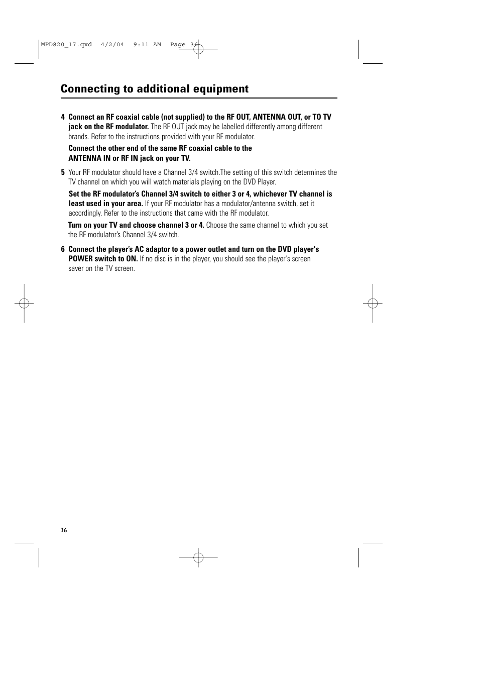 Connecting to additional equipment | Philips Magnavox MPD820 User Manual | Page 36 / 42