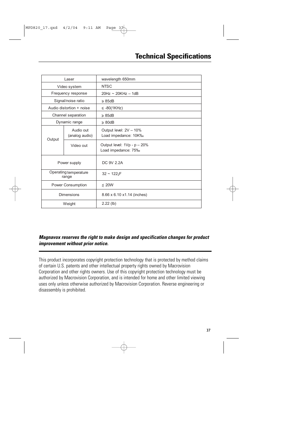 Technical specifications | Philips Magnavox MPD820 User Manual | Page 37 / 42