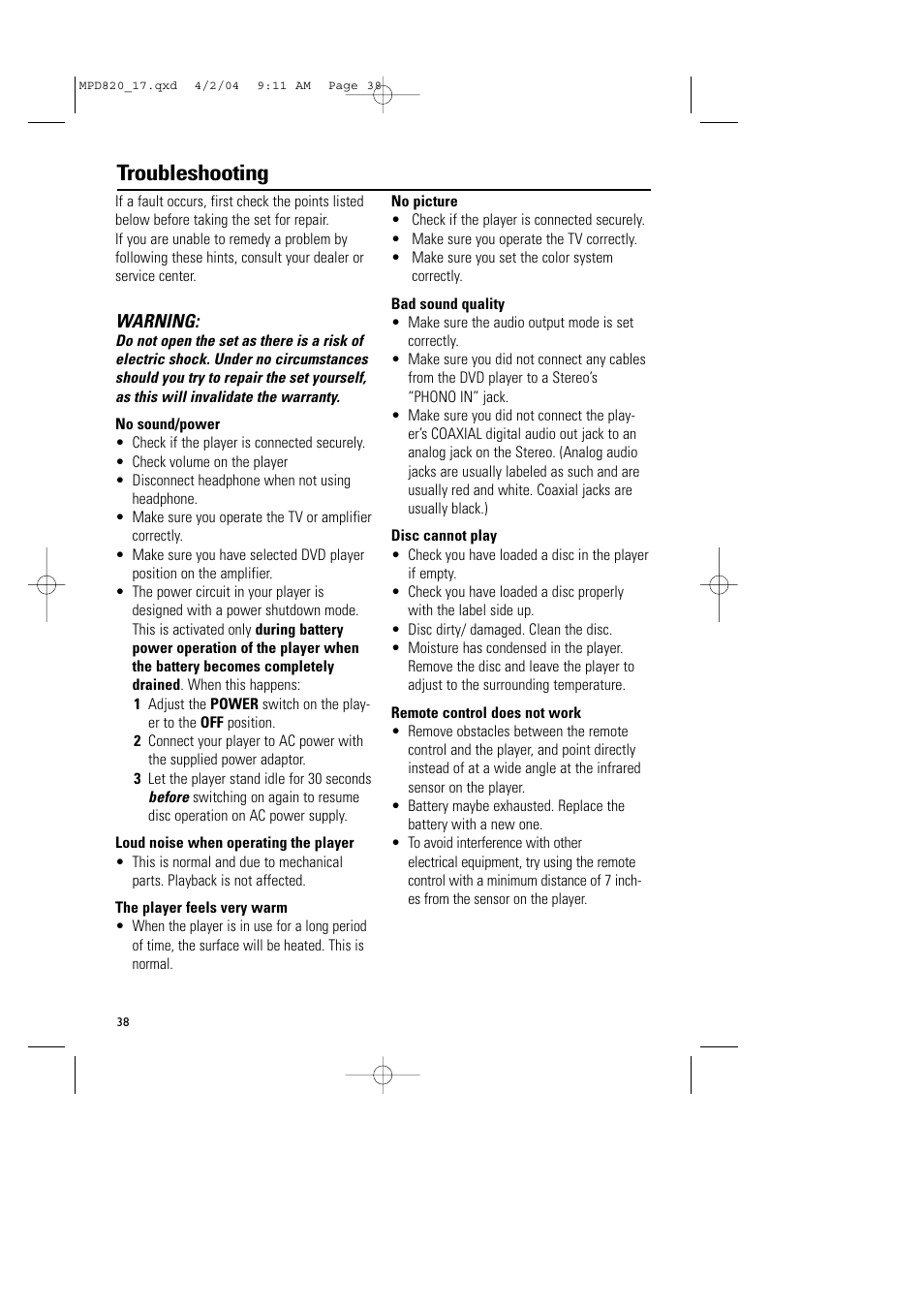 Troubleshooting | Philips Magnavox MPD820 User Manual | Page 38 / 42