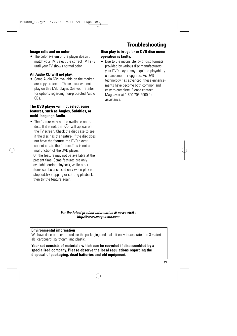 Troubleshooting | Philips Magnavox MPD820 User Manual | Page 39 / 42