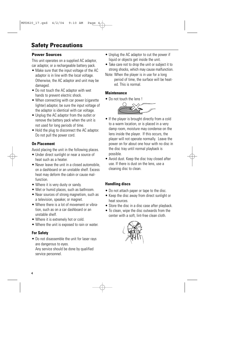 Safety precautions | Philips Magnavox MPD820 User Manual | Page 4 / 42