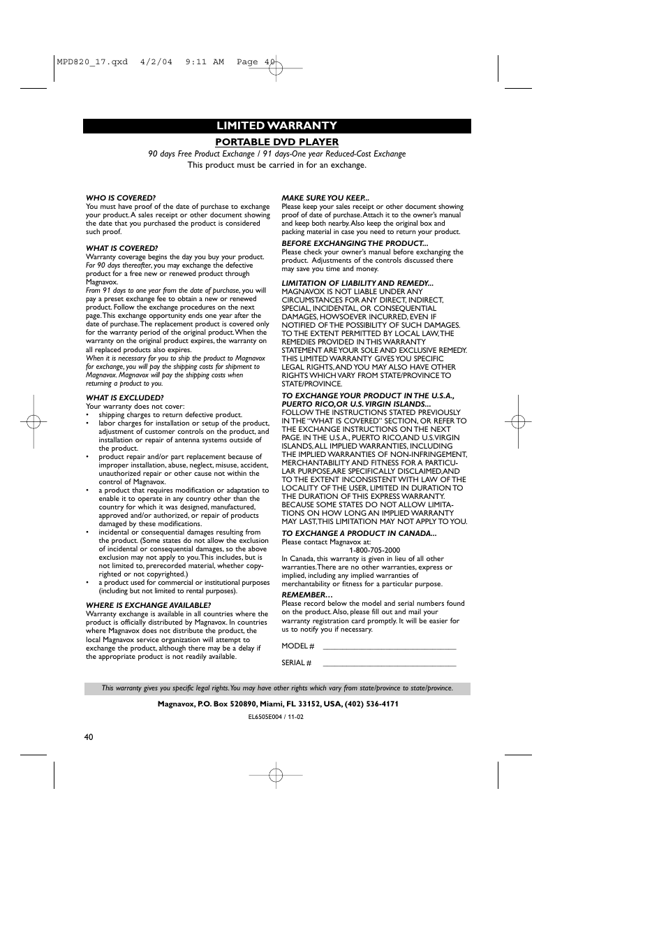 Limited warranty | Philips Magnavox MPD820 User Manual | Page 40 / 42