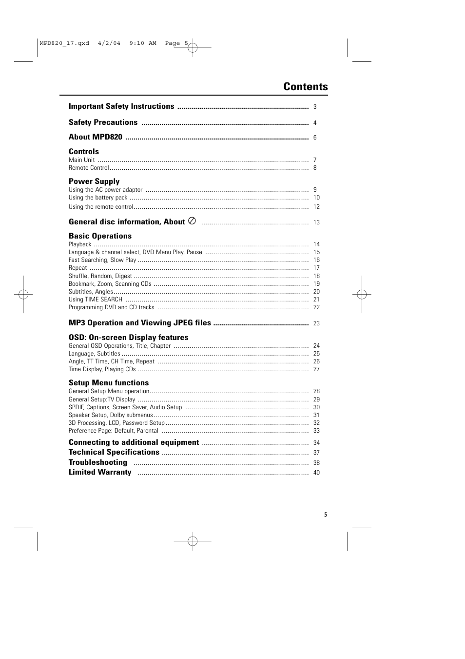 Philips Magnavox MPD820 User Manual | Page 5 / 42