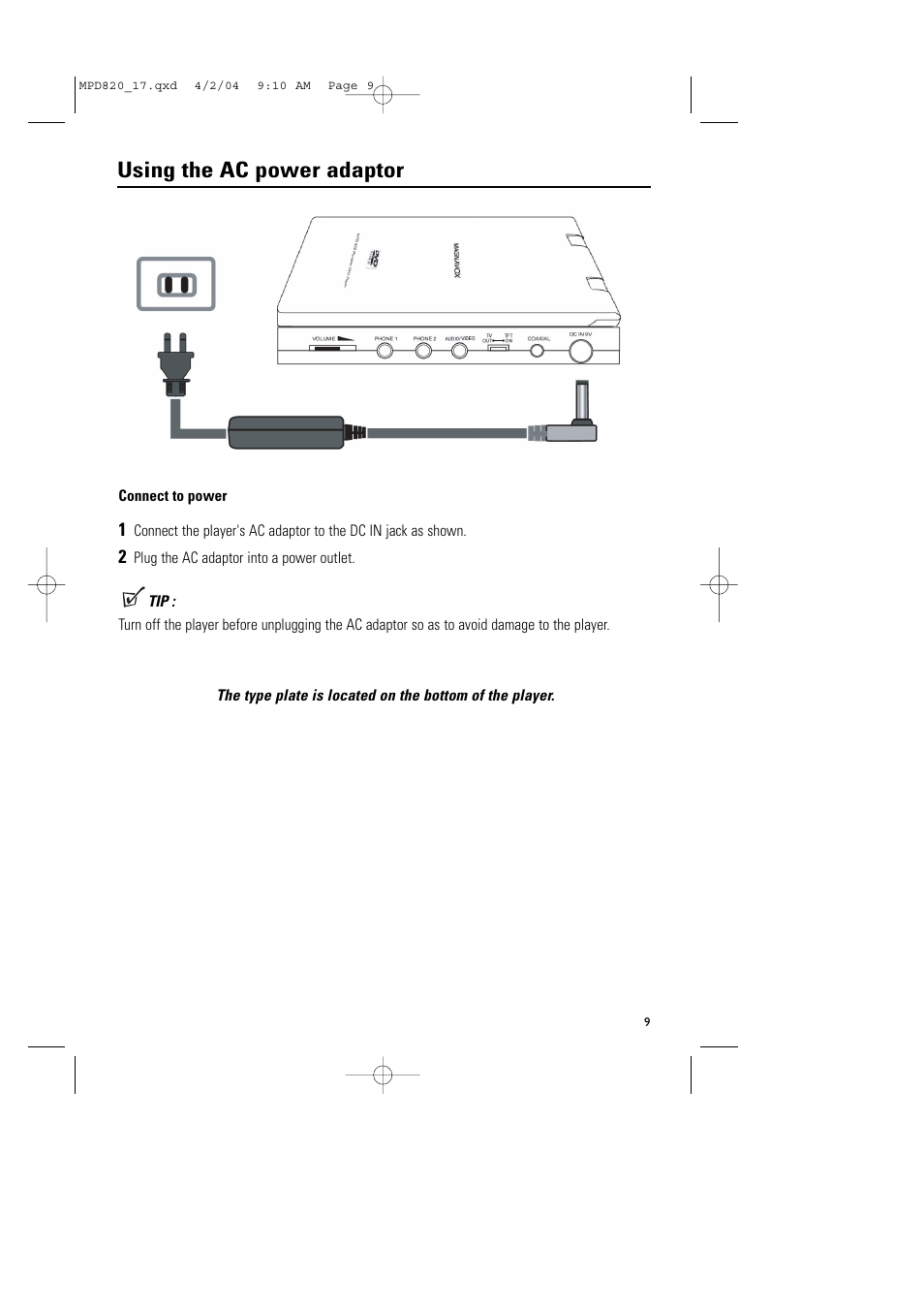 Using the ac power adaptor | Philips Magnavox MPD820 User Manual | Page 9 / 42