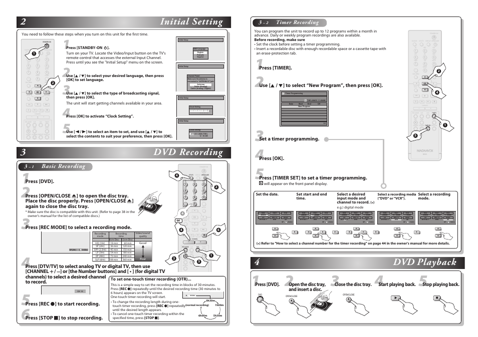 3dvd recording 4 dvd playback, 2initial setting, Basic recording | Timer recording 3, Press [rec i ] to start recording, Open the disc tray, and insert a disc, Press [dvd, Start playing back, Stop playing back, Press [ok | Philips Magnavox ZV457MG9/F7 User Manual | Page 2 / 2