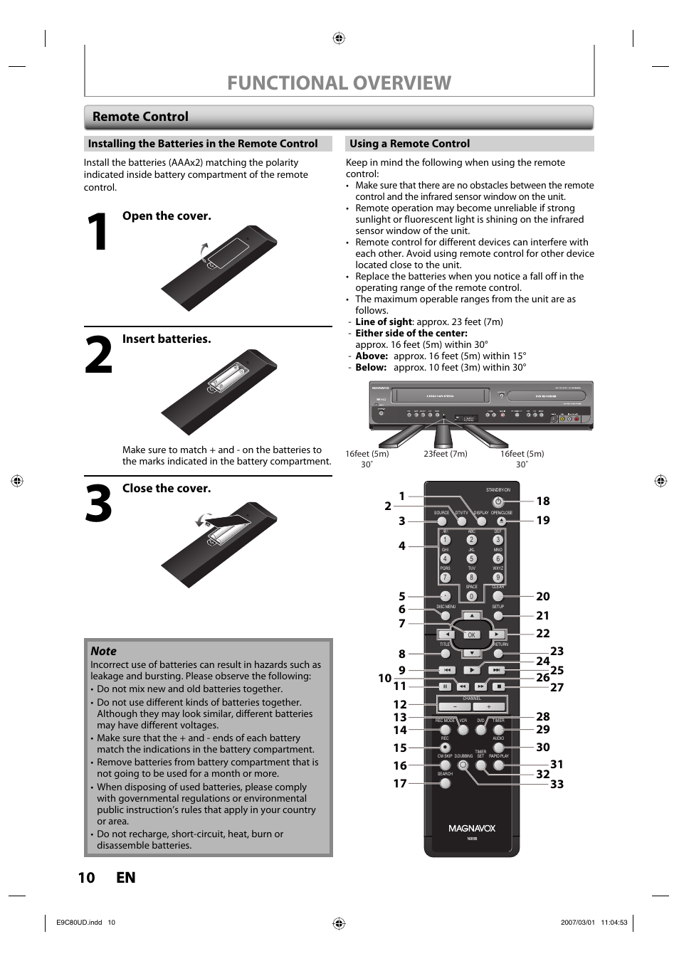 Functional overview, 10 en 10 en, Remote control | Open the cover, Insert batteries, Close the cover | Philips Magnavox ZV450MWB User Manual | Page 10 / 102