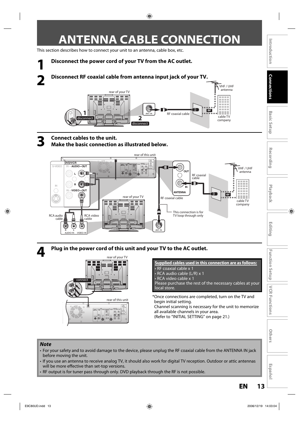 Antenna cable connection, 13 en 13 en | Philips Magnavox ZV450MWB User Manual | Page 13 / 102