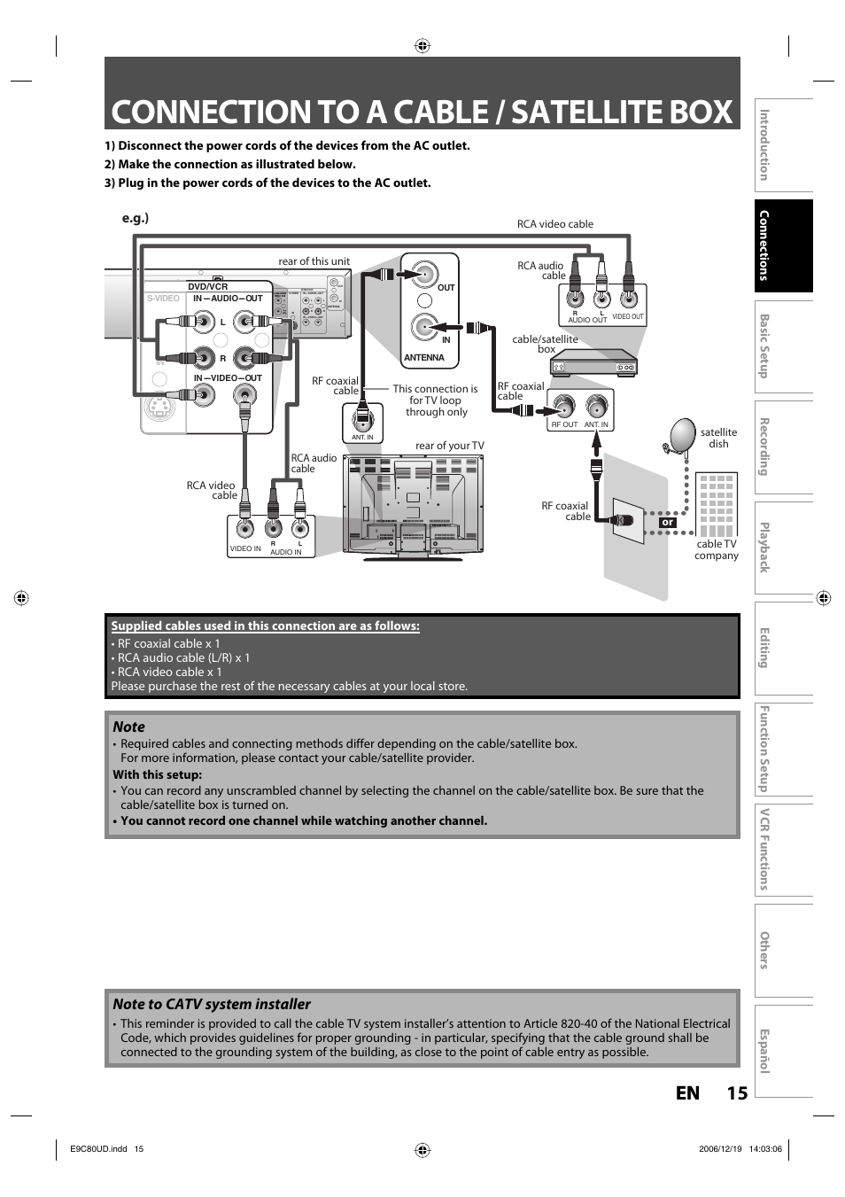 Connection to a cable / satellite box, 15 en 15 en, E.g.) | Philips Magnavox ZV450MWB User Manual | Page 15 / 102