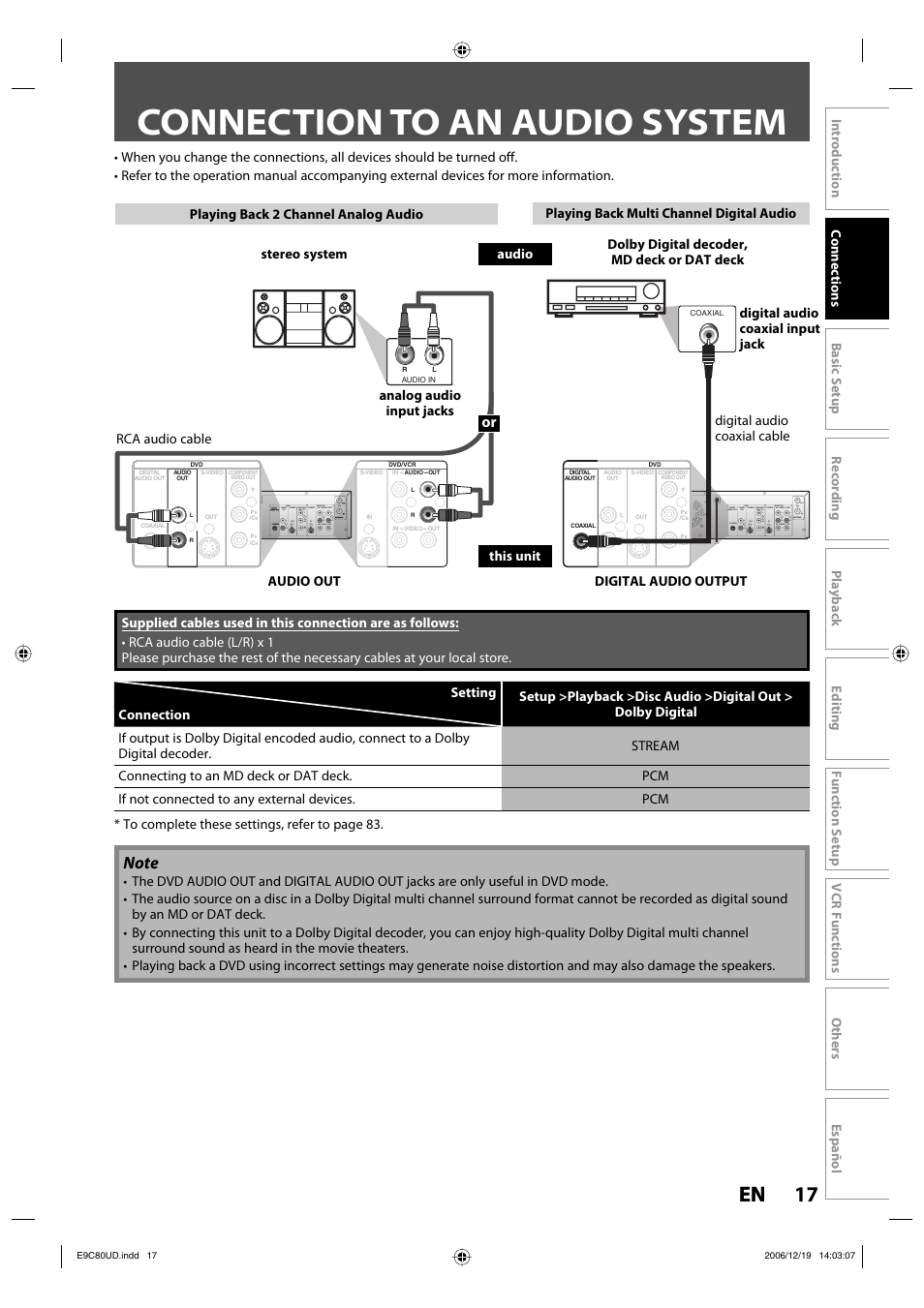 Connection to an audio system, 17 en 17 en | Philips Magnavox ZV450MWB User Manual | Page 17 / 102