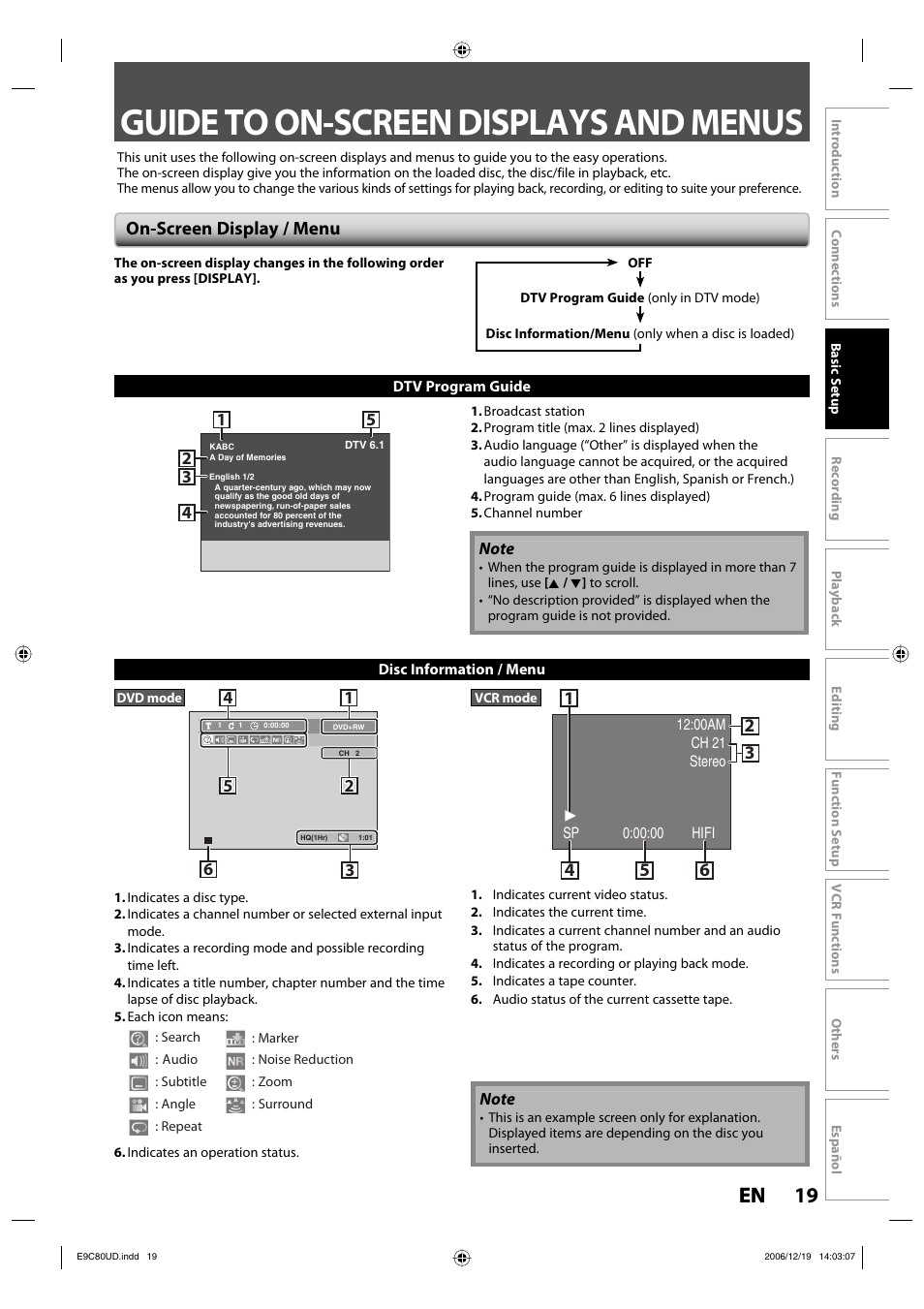 Guide to on-screen displays and menus, 19 en 19 en, On-screen display / menu | Philips Magnavox ZV450MWB User Manual | Page 19 / 102