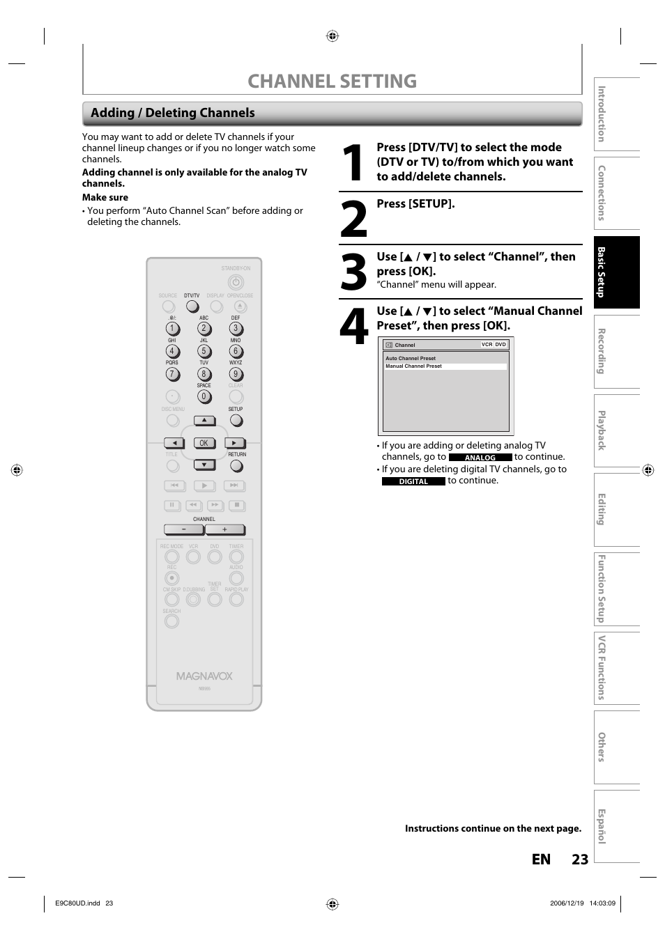 Channel setting, 23 en 23 en, Adding / deleting channels | Press [setup, Use [ k / l ] to select “channel”, then press [ok | Philips Magnavox ZV450MWB User Manual | Page 23 / 102