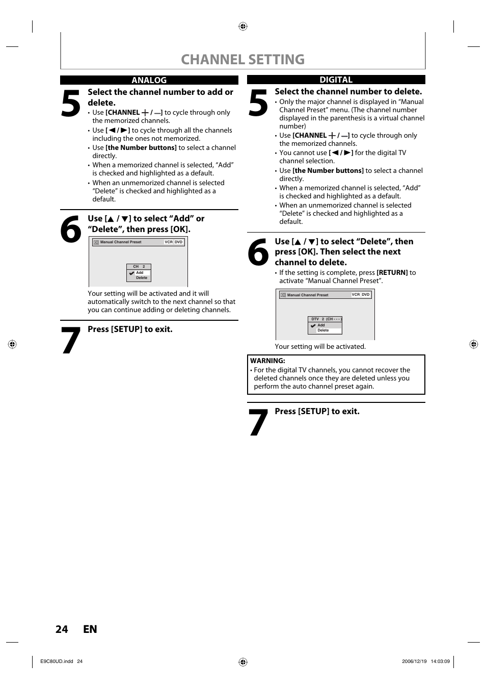 Channel setting | Philips Magnavox ZV450MWB User Manual | Page 24 / 102