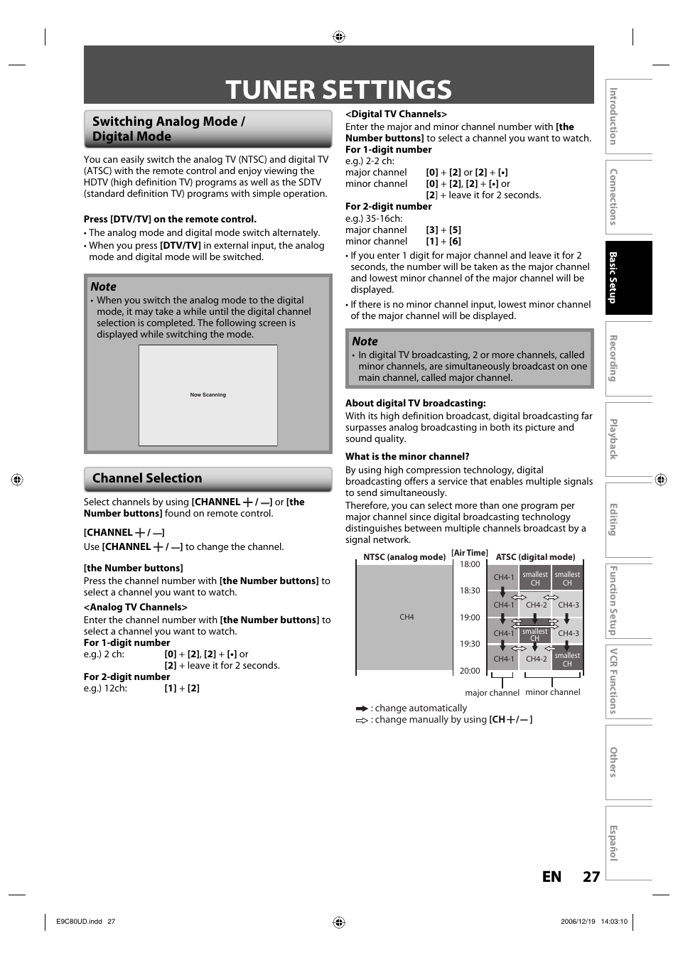 Tuner settings, 27 en 27 en, Switching analog mode / digital mode | Channel selection | Philips Magnavox ZV450MWB User Manual | Page 27 / 102