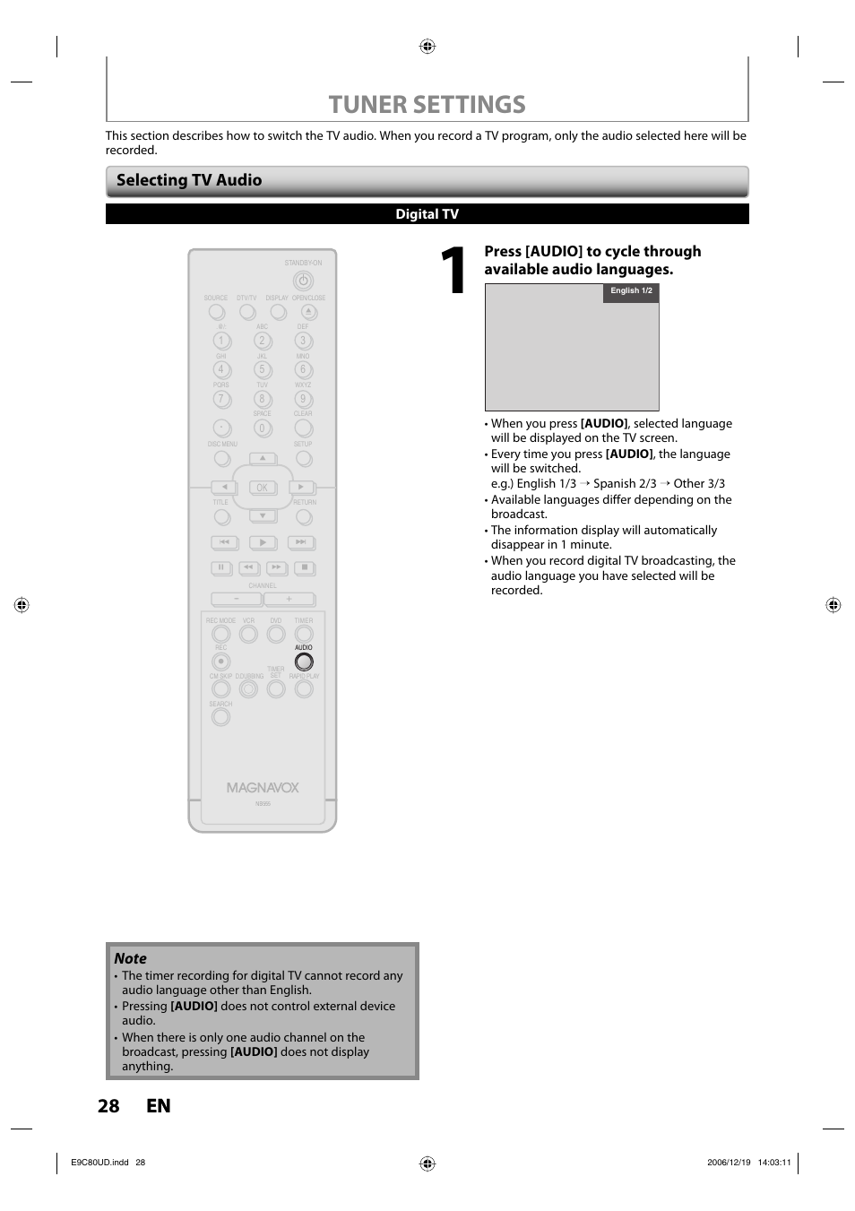 Tuner settings, 28 en 28 en, Selecting tv audio | Digital tv | Philips Magnavox ZV450MWB User Manual | Page 28 / 102