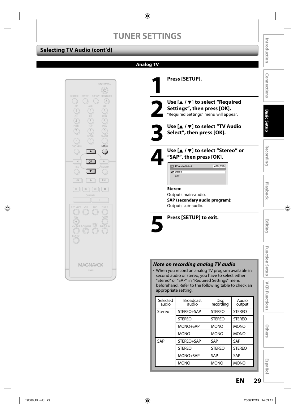 Tuner settings, 29 en 29 en, Selecting tv audio (cont’d) | Philips Magnavox ZV450MWB User Manual | Page 29 / 102