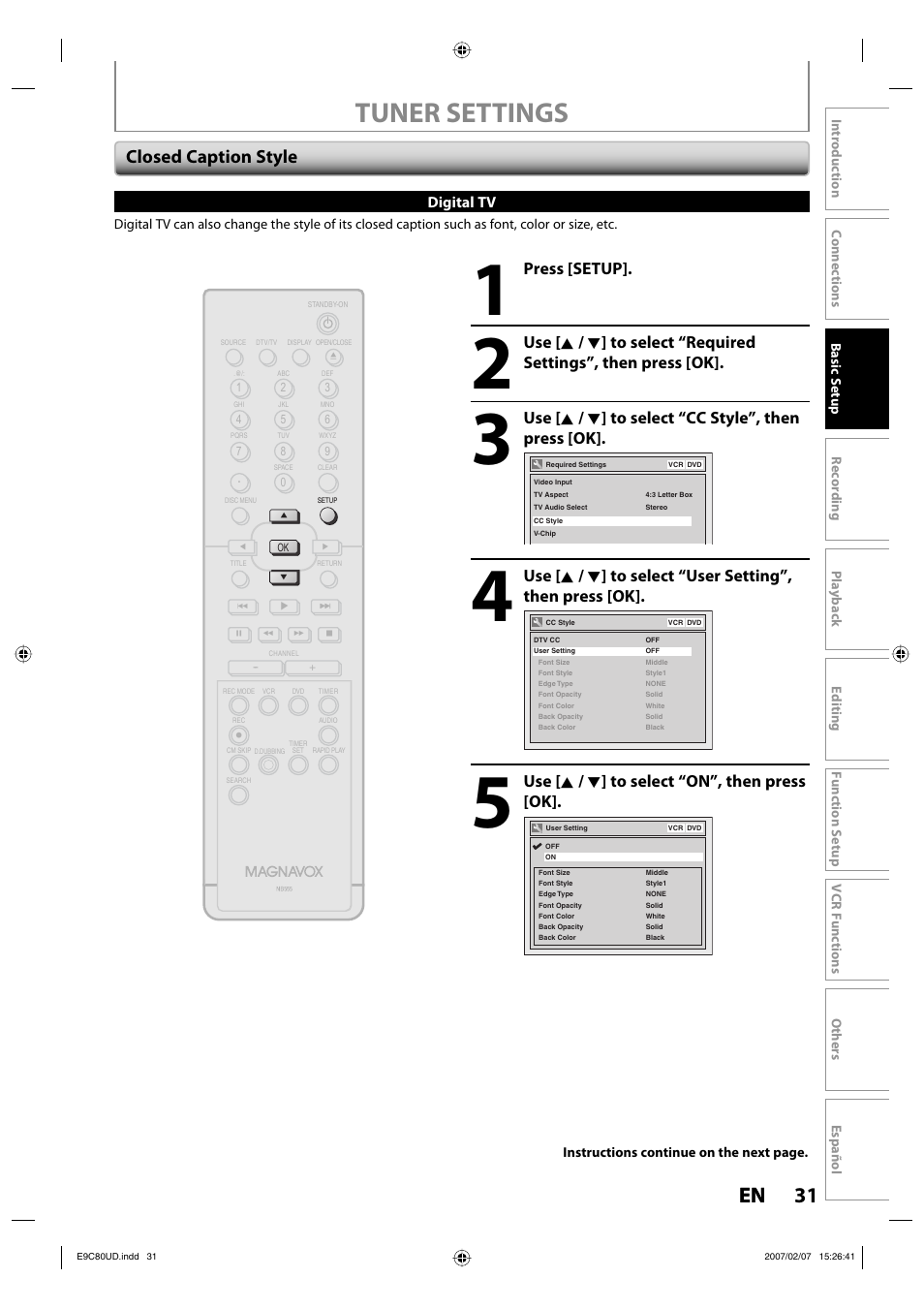 Tuner settings, 31 en 31 en, Closed caption style | Press [setup, Use [ k / l ] to select “cc style”, then press [ok, Use [ k / l ] to select “on”, then press [ok, Digital tv | Philips Magnavox ZV450MWB User Manual | Page 31 / 102