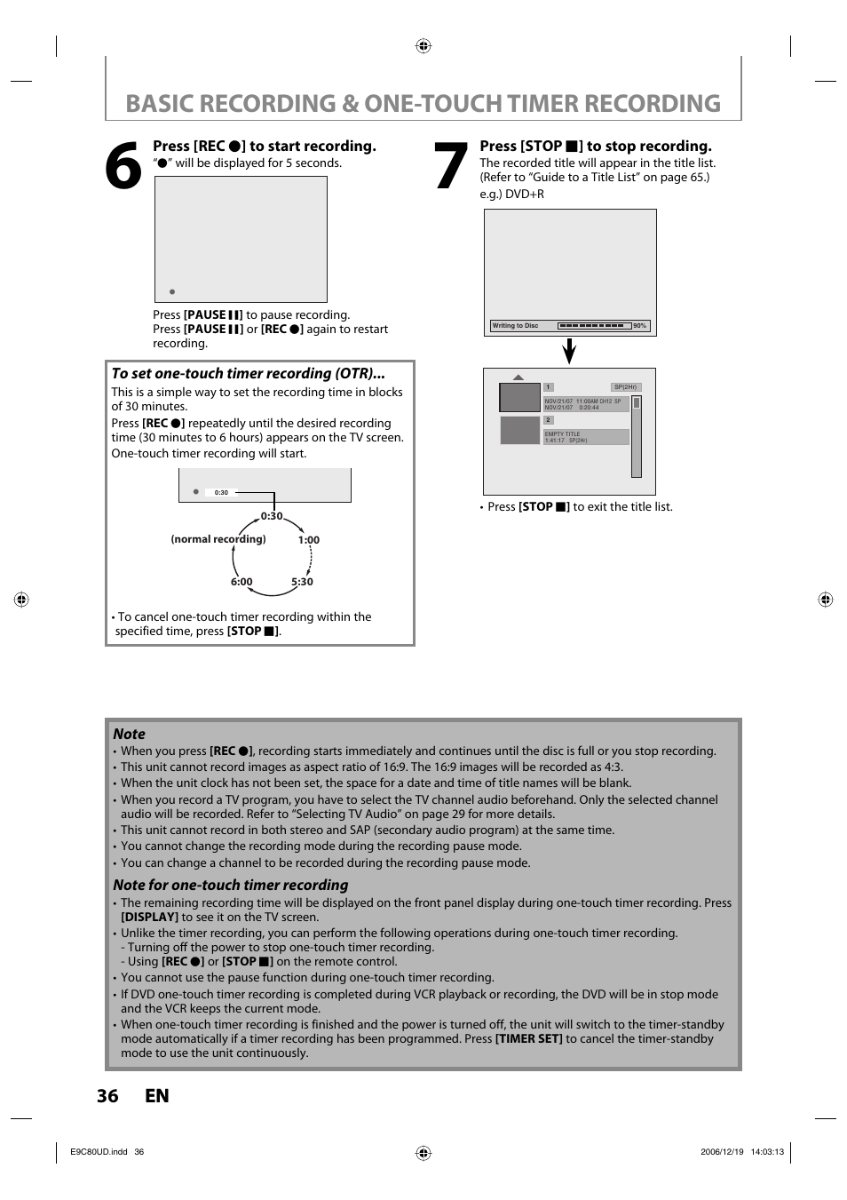 Basic recording & one-touch timer recording, 36 en 36 en | Philips Magnavox ZV450MWB User Manual | Page 36 / 102