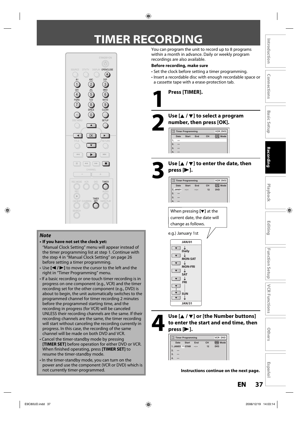 Timer recording, 37 en 37 en, Press [timer | Use [ k / l ] to enter the date, then press [ b | Philips Magnavox ZV450MWB User Manual | Page 37 / 102