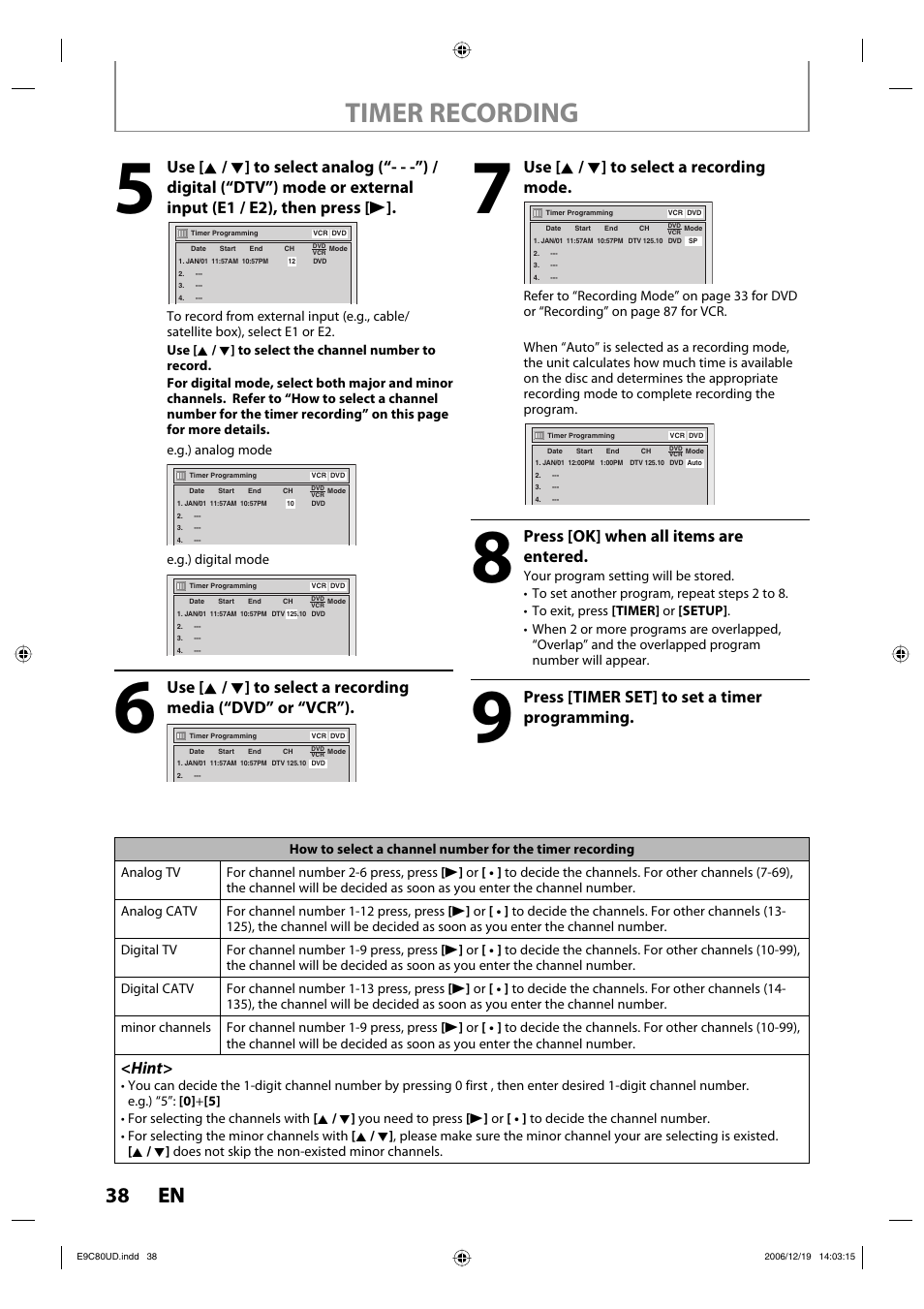 Timer recording, 38 en 38 en, Use [ k / l ] to select a recording mode | Press [ok] when all items are entered, Press [timer set] to set a timer programming, Hint | Philips Magnavox ZV450MWB User Manual | Page 38 / 102