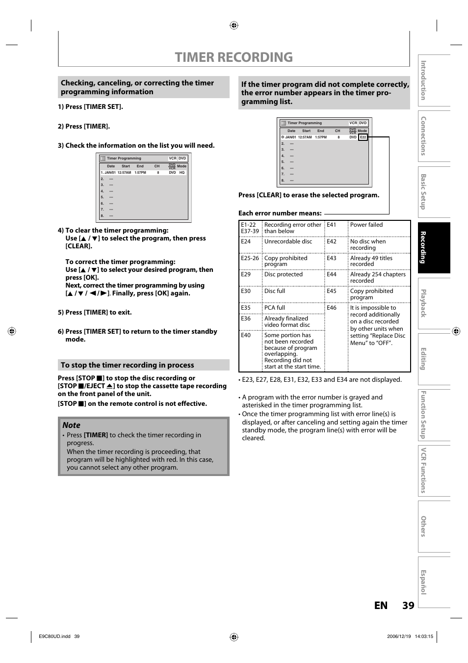 Timer recording, 39 en 39 en | Philips Magnavox ZV450MWB User Manual | Page 39 / 102