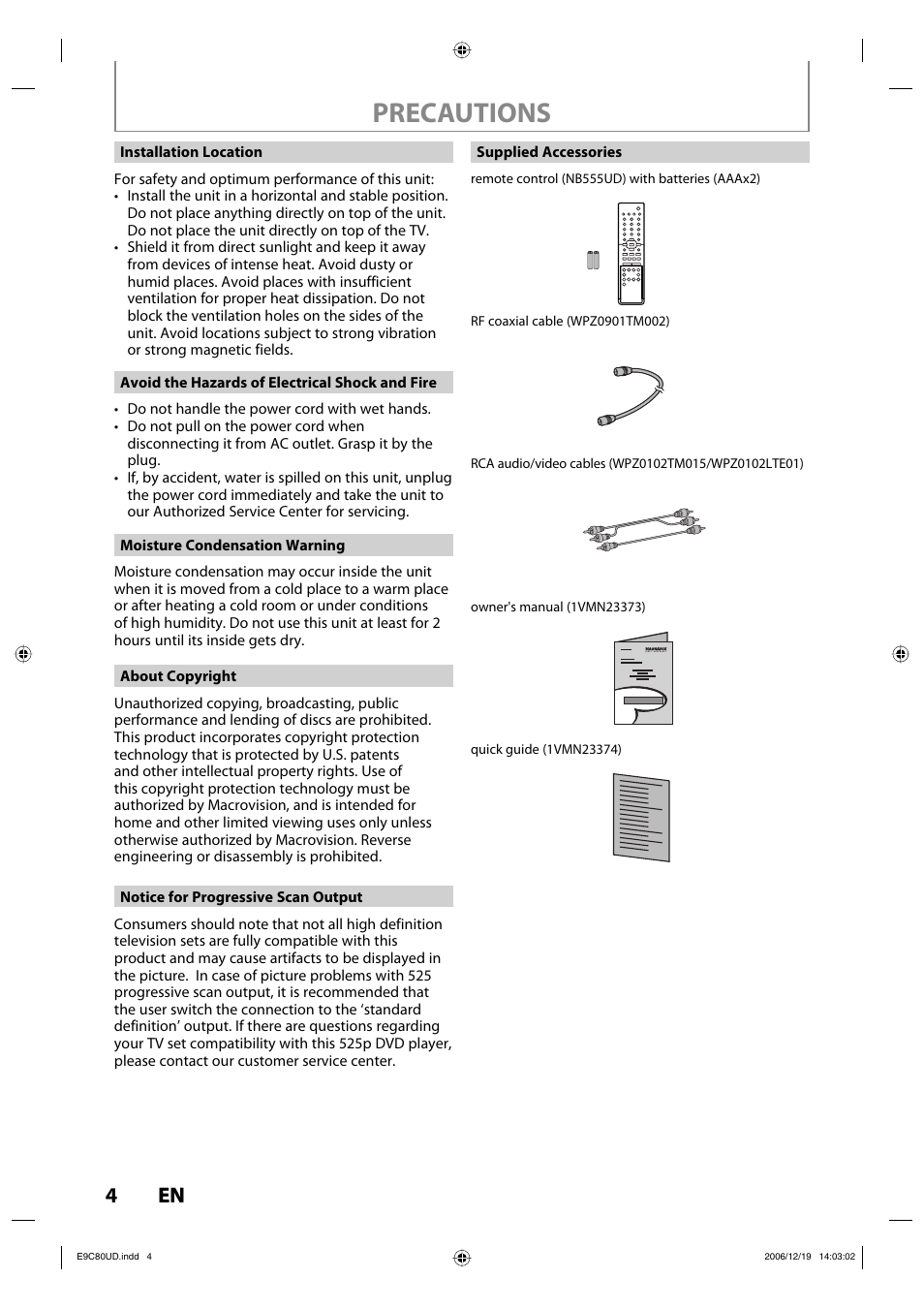 Precautions, 4en 4 en | Philips Magnavox ZV450MWB User Manual | Page 4 / 102