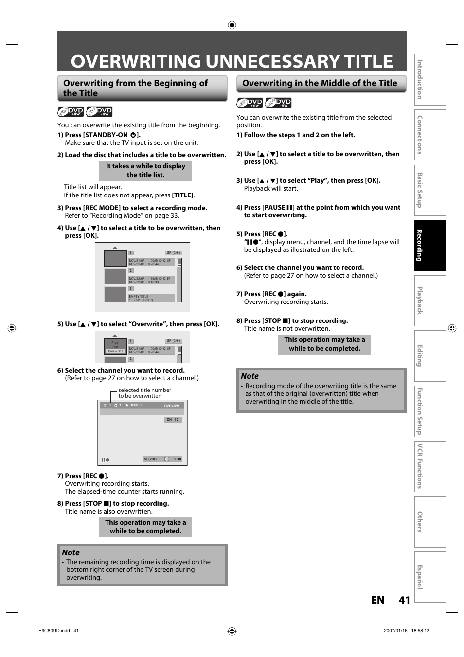 Overwriting unnecessary title, 41 en 41 en, Overwriting from the beginning of the title | Overwriting in the middle of the title | Philips Magnavox ZV450MWB User Manual | Page 41 / 102