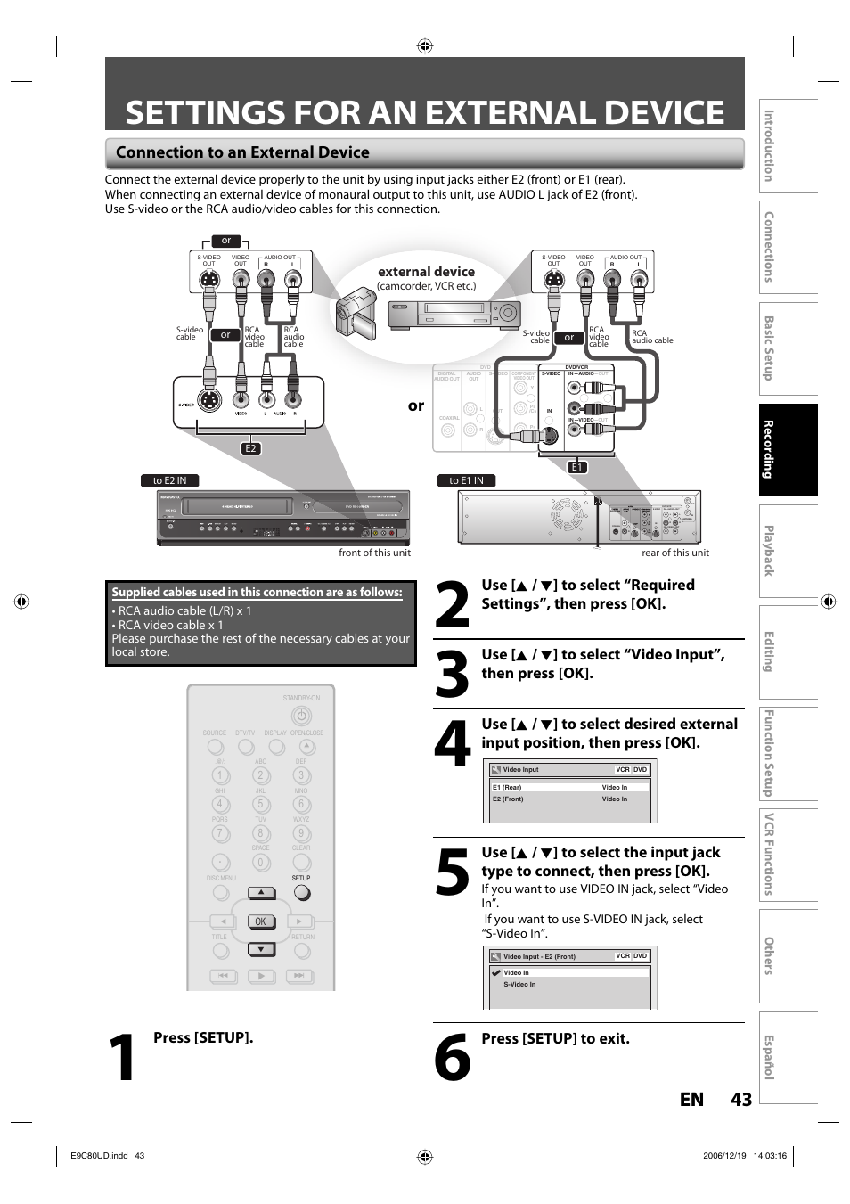 Settings for an external device, 43 en 43 en, Connection to an external device | Press [setup] to exit, Press [setup, External device | Philips Magnavox ZV450MWB User Manual | Page 43 / 102