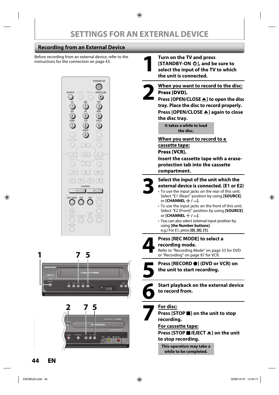 Settings for an external device, 44 en 44 en, Recording from an external device | Philips Magnavox ZV450MWB User Manual | Page 44 / 102