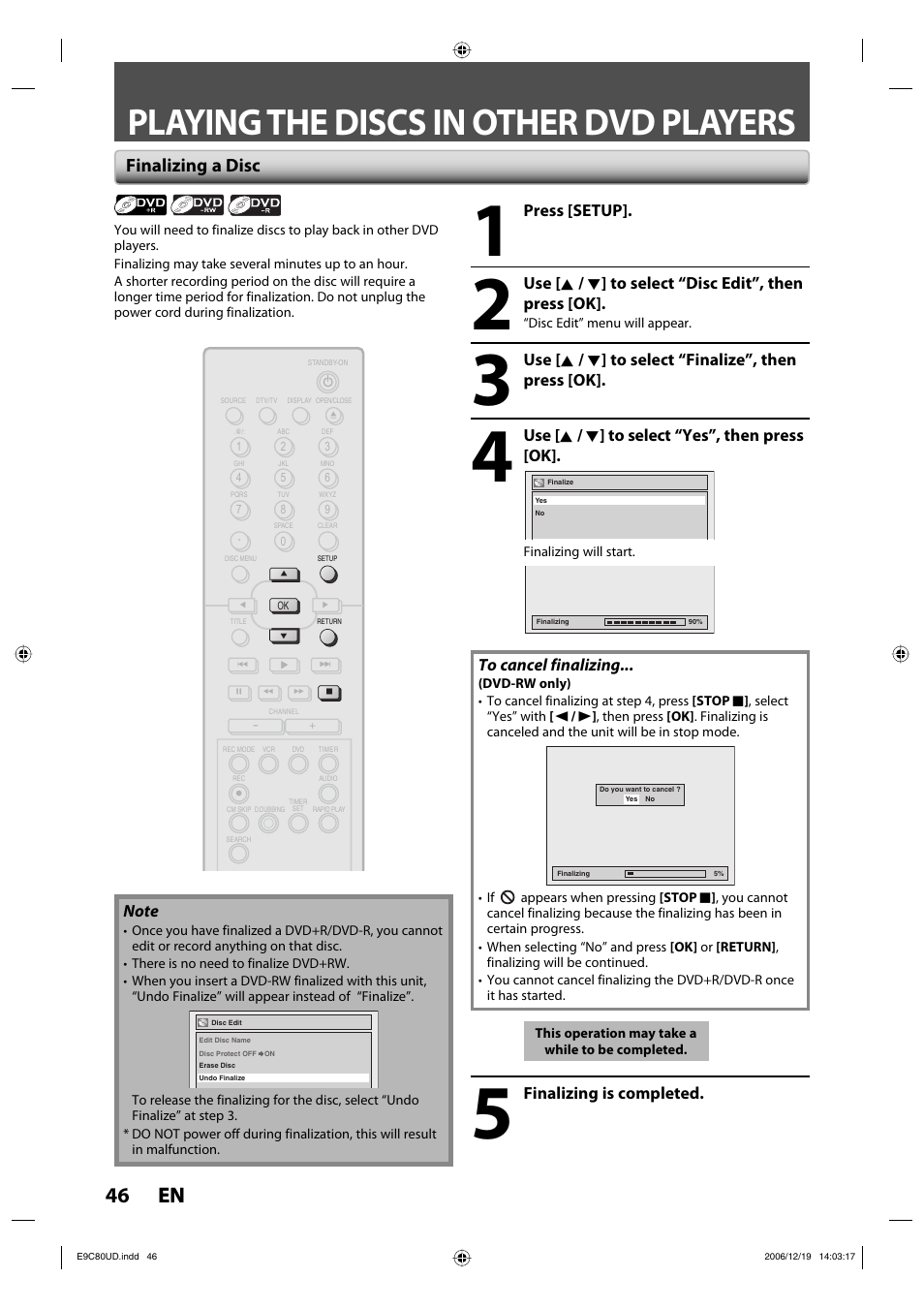 Playing the discs in other dvd players, 46 en 46 en, Finalizing a disc | Philips Magnavox ZV450MWB User Manual | Page 46 / 102