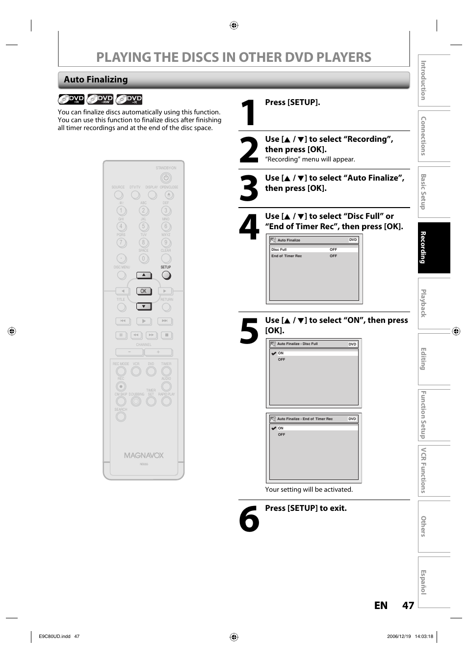 Playing the discs in other dvd players, 47 en 47 en, Auto finalizing | Philips Magnavox ZV450MWB User Manual | Page 47 / 102