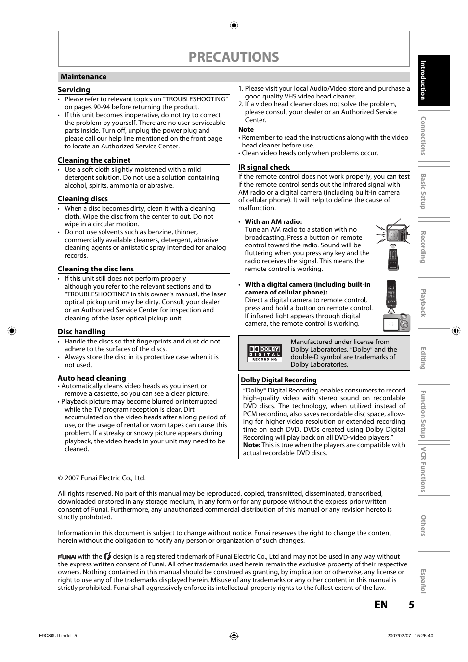 Precautions, 5en 5 en | Philips Magnavox ZV450MWB User Manual | Page 5 / 102