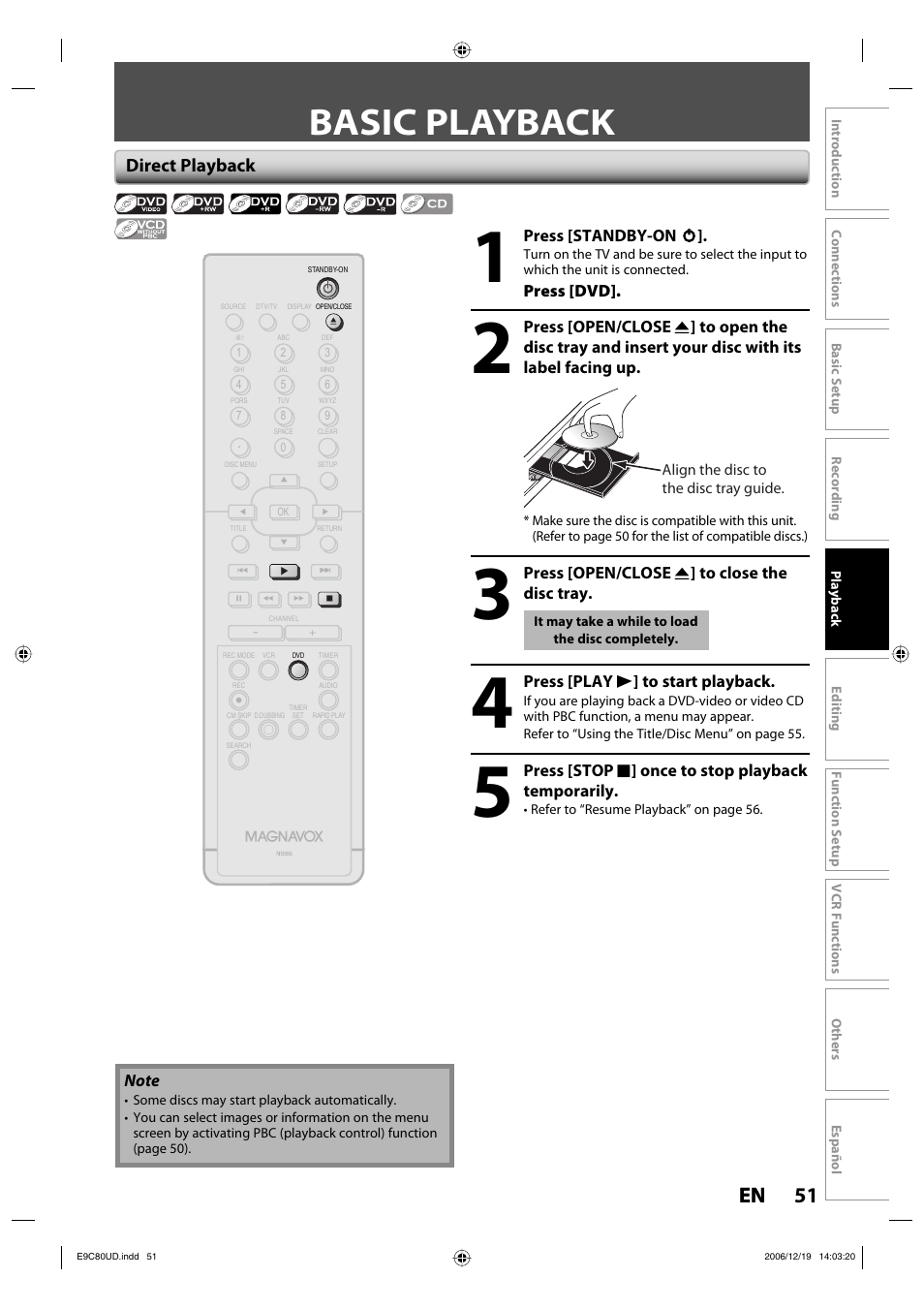 Basic playback, 51 en 51 en, Direct playback | Philips Magnavox ZV450MWB User Manual | Page 51 / 102