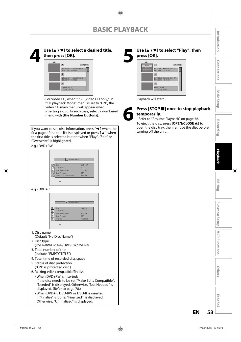 Basic playback, 53 en 53 en, Use [ k / l ] to select “play”, then press [ok | Press [stop c ] once to stop playback temporarily | Philips Magnavox ZV450MWB User Manual | Page 53 / 102