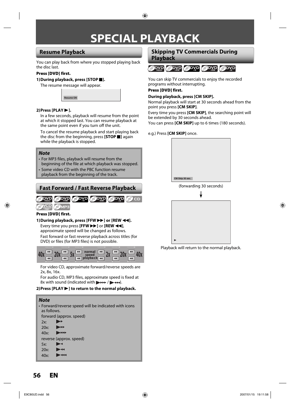 Special playback, 56 en 56 en, Resume playback | Philips Magnavox ZV450MWB User Manual | Page 56 / 102