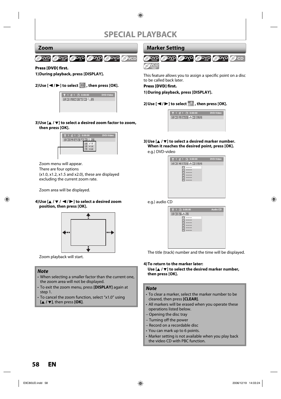 Special playback, 58 en 58 en, Zoom | Marker setting | Philips Magnavox ZV450MWB User Manual | Page 58 / 102