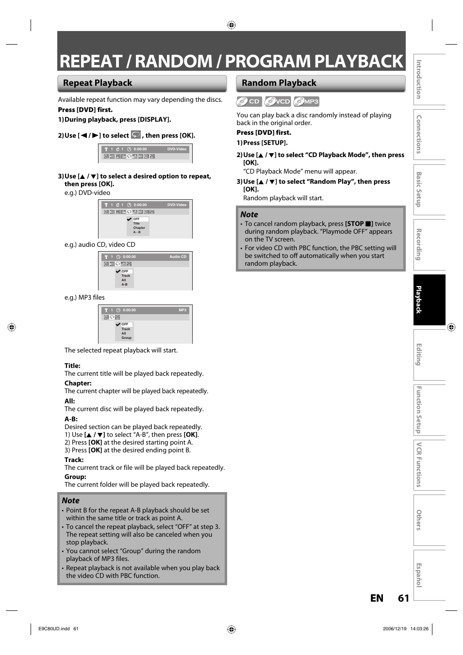 Repeat / random / program playback, 61 en 61 en, Repeat playback random playback | Philips Magnavox ZV450MWB User Manual | Page 61 / 102