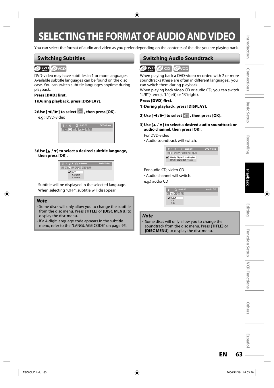 Selecting the format of audio and video, 63 en 63 en, Switching subtitles | Switching audio soundtrack | Philips Magnavox ZV450MWB User Manual | Page 63 / 102