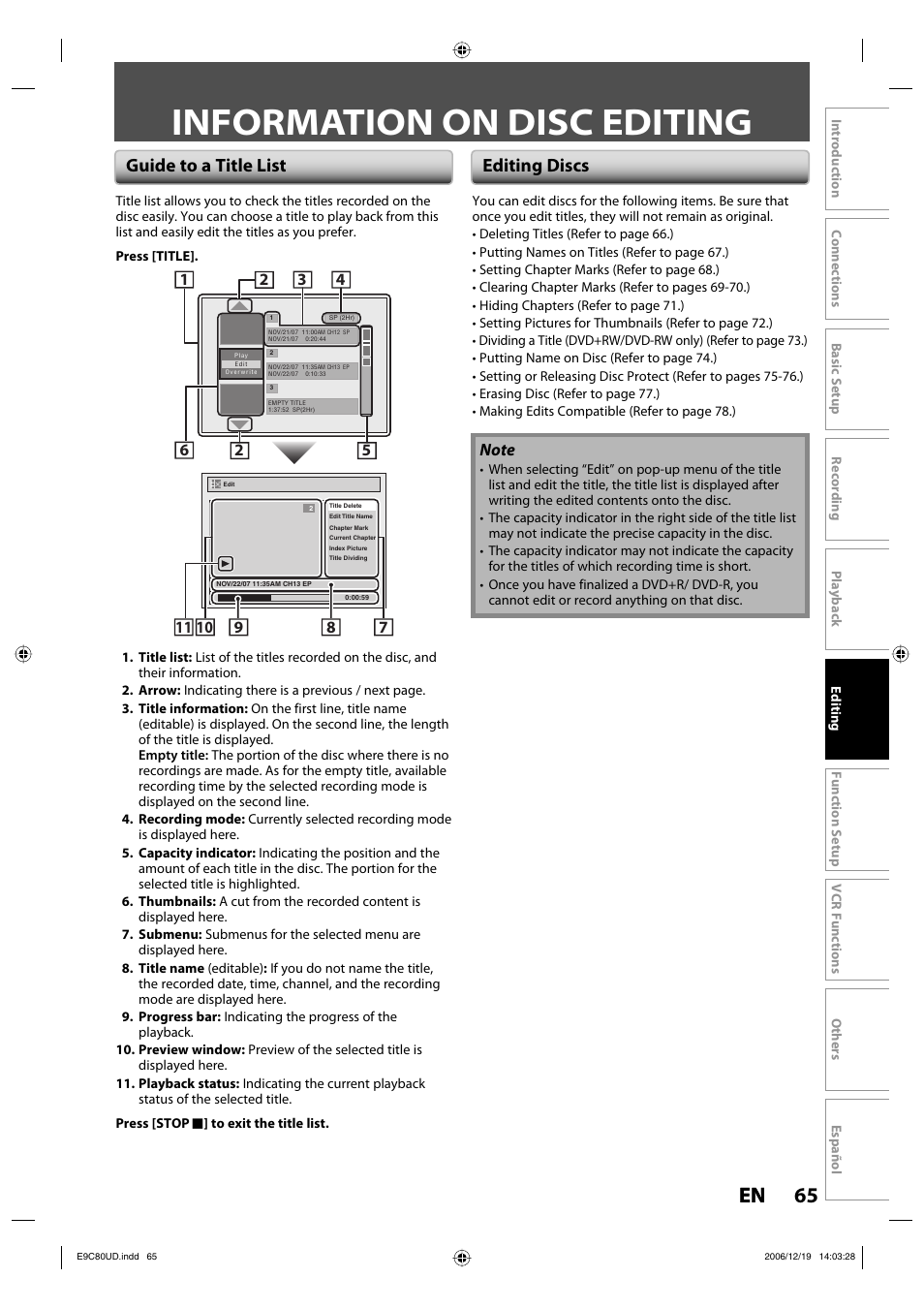 Information on disc editing, 65 en 65 en, Guide to a title list editing discs | Philips Magnavox ZV450MWB User Manual | Page 65 / 102