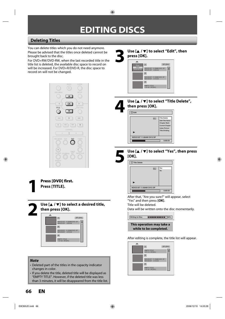 Editing discs, 66 en 66 en, Deleting titles | Use [ k / l ] to select “edit”, then press [ok, Use [ k / l ] to select “yes”, then press [ok, Press [dvd] first. press [title | Philips Magnavox ZV450MWB User Manual | Page 66 / 102