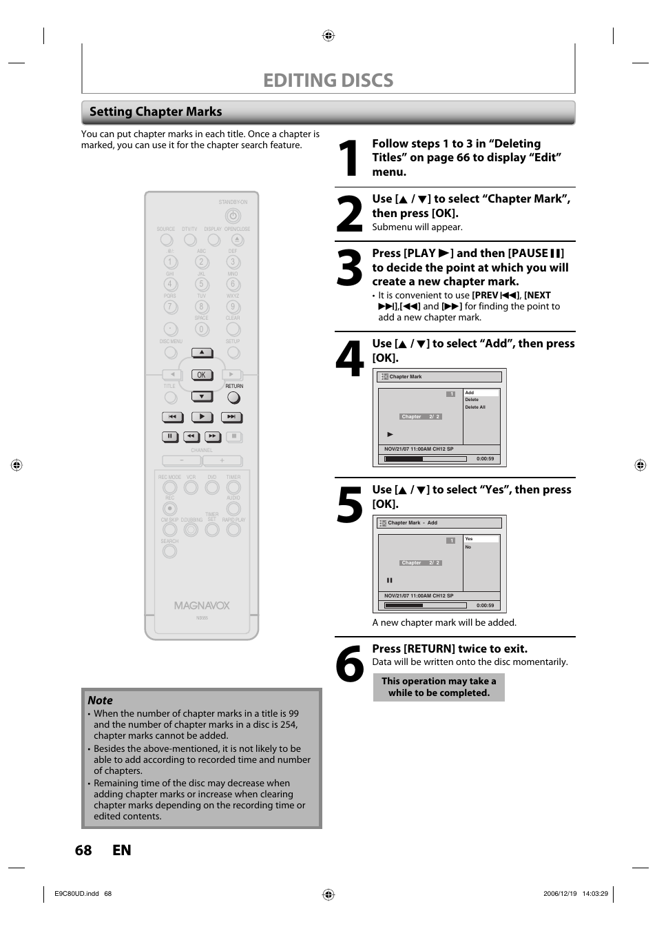 Editing discs, 68 en 68 en, Setting chapter marks | Philips Magnavox ZV450MWB User Manual | Page 68 / 102