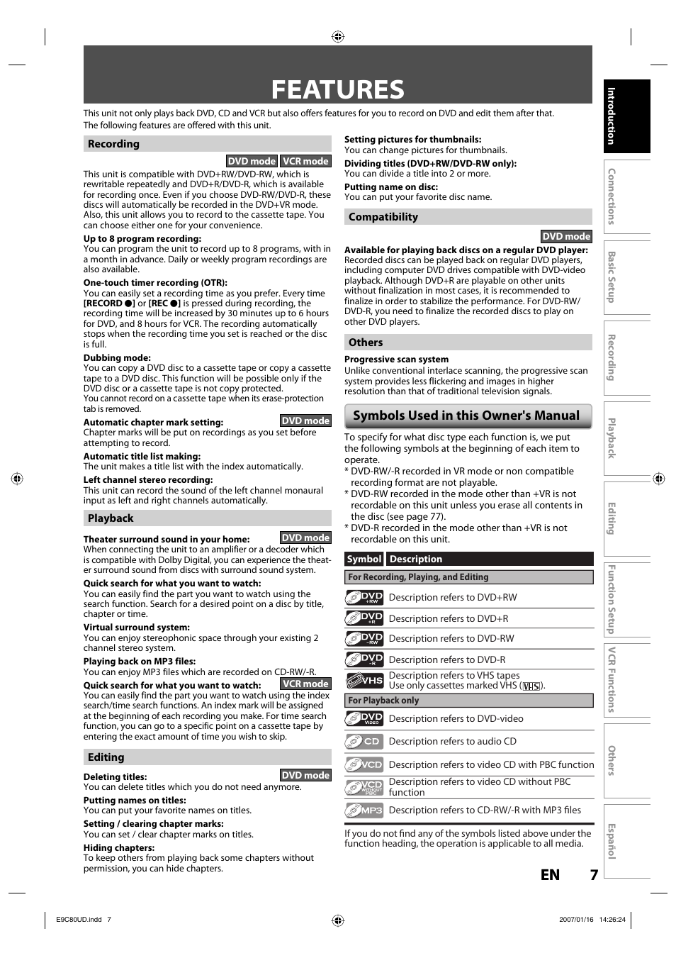 Features, 7en 7 en, Symbols used in this owner's manual | Philips Magnavox ZV450MWB User Manual | Page 7 / 102