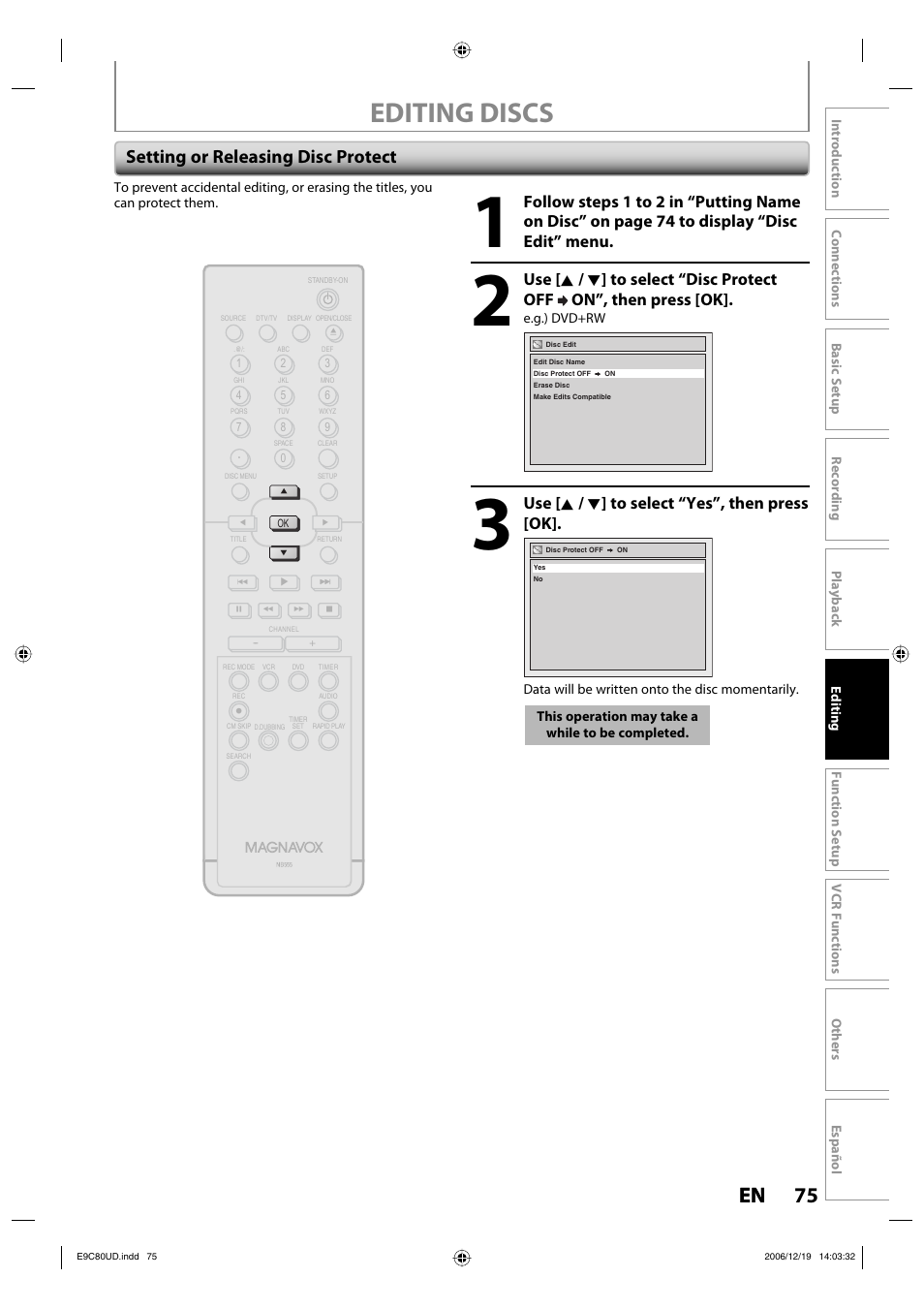 Editing discs, 75 en 75 en, Setting or releasing disc protect | Use [ k / l ] to select “yes”, then press [ok | Philips Magnavox ZV450MWB User Manual | Page 75 / 102