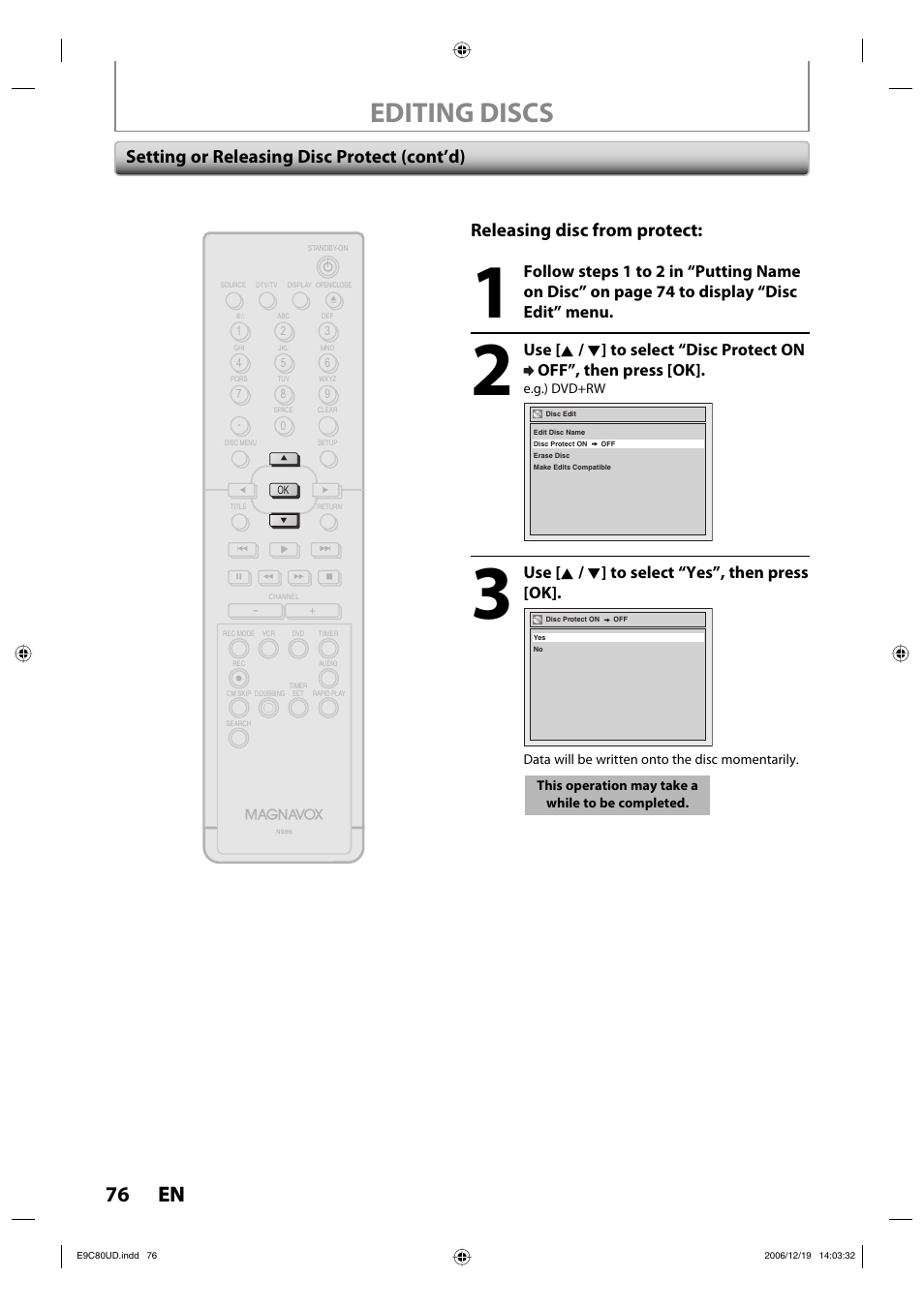 Editing discs, 76 en 76 en, Use [ k / l ] to select “yes”, then press [ok | Philips Magnavox ZV450MWB User Manual | Page 76 / 102