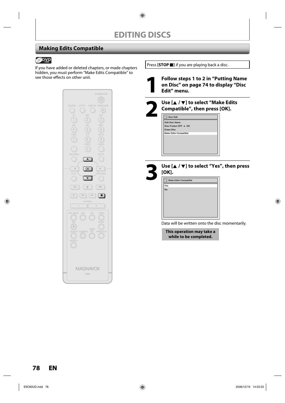 Editing discs, 78 en 78 en, Making edits compatible | Use [ k / l ] to select “yes”, then press [ok | Philips Magnavox ZV450MWB User Manual | Page 78 / 102