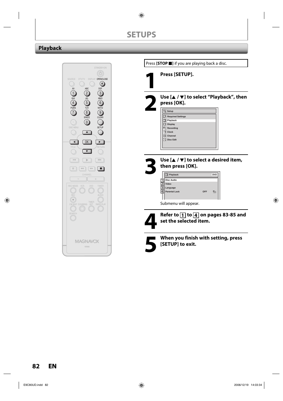 Setups, 82 en 82 en, Playback | Press [setup, Use [ k / l ] to select “playback”, then press [ok | Philips Magnavox ZV450MWB User Manual | Page 82 / 102