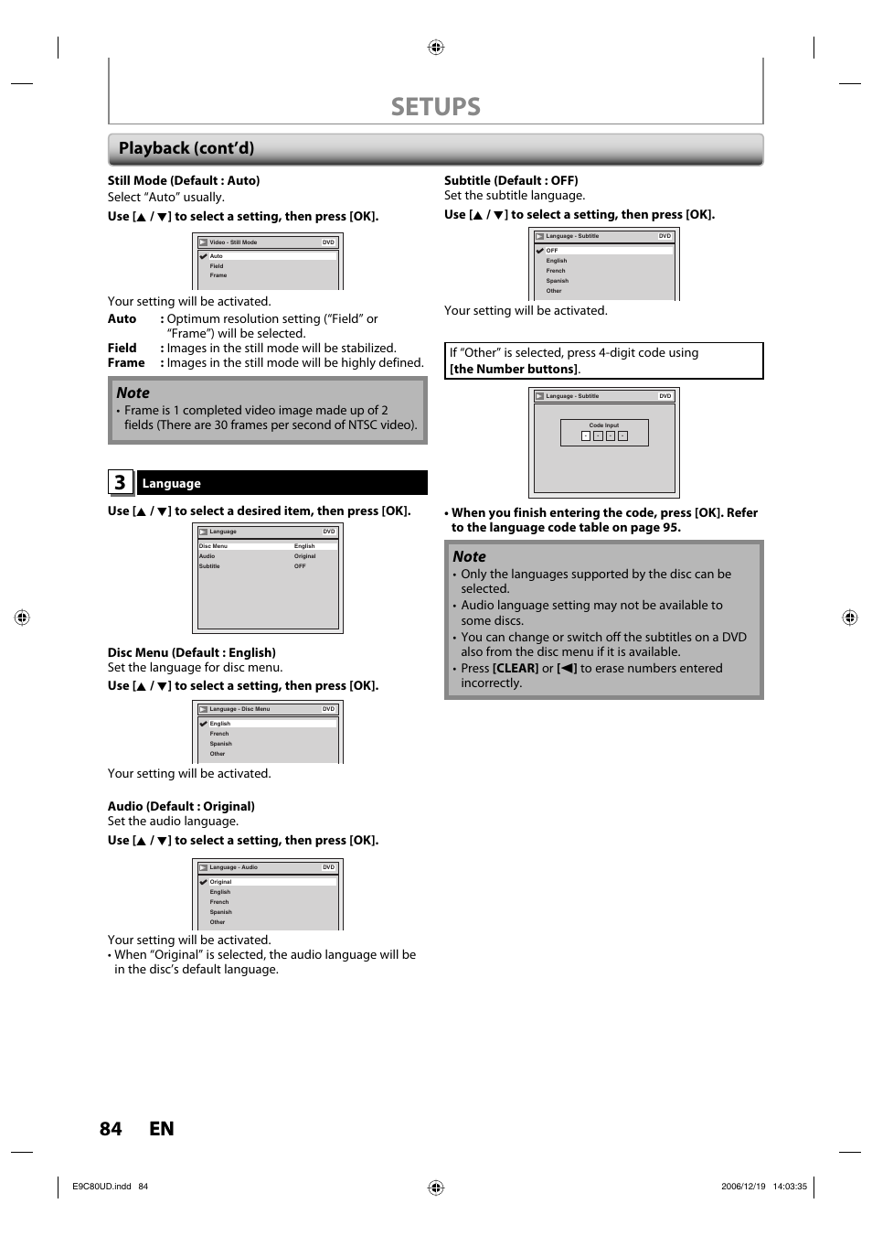 Setups, 84 en 84 en, Playback (cont’d) | Philips Magnavox ZV450MWB User Manual | Page 84 / 102